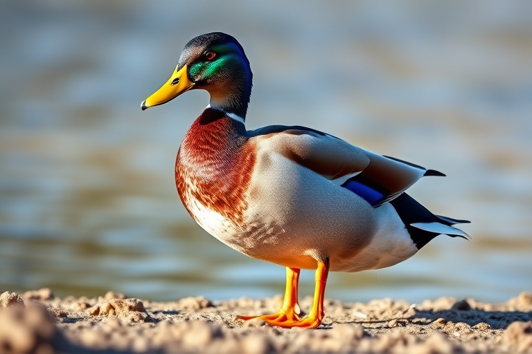 Create a highly detailed digital illustration of a standing mallard duck with vibrant colors and a smooth texture, using a Canon EOS 5D Mark IV camera at f/4 aperture, 1/200s shutter speed, ISO 400, shot from a low angle with natural lighting for enhanced clarity and focus.