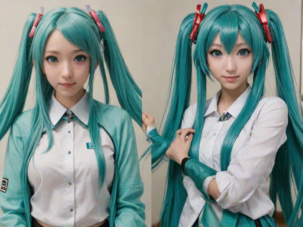 SuchFailSelfie, a portrait comparison of Realistic photo portrait Hatsune Miku wearing the same cloth, Top is she good looking portrait.