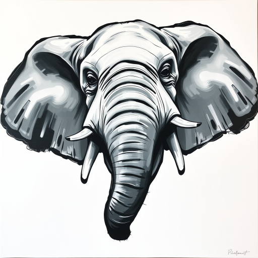 Abstract black and white acrylic portrait of an over exaggerated laughing (elephant). Minimalism style. White background.