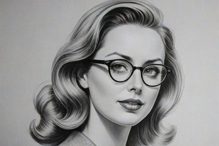 Appealing Eva Amurri, pencil sketch, portrait of Gorgeous woman 1939s in glasses, hair style beatnik, outline, clear lines, fine lines, 8k