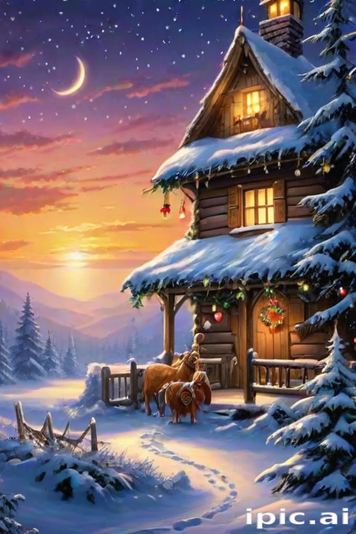Cozy Winter Evening Scene with a Snowy Cabin and Horses at Dusk