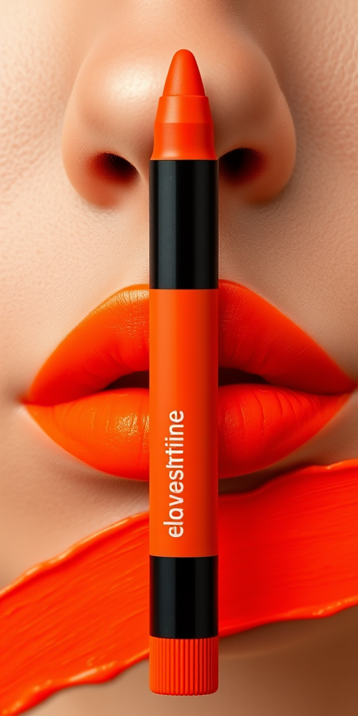 Neon orange matte lip crayon "Electric Tangerine" with a vibrant pigmentation and precise application, ideal for bold summer looks and creative makeup, long-wearing and smudge-proof