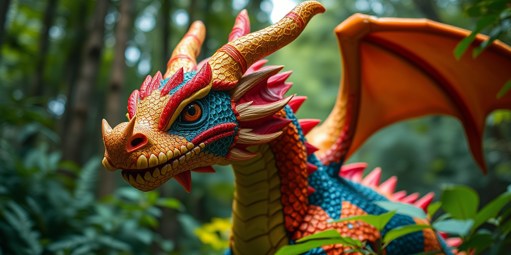 Create a highly detailed, colorful dragon character in a lush forest setting, captured with a DSLR camera at 50mm lens, f/1.8 aperture, ISO 100, and a shallow depth of field to emphasize the vibrant textures and colors of the dragon and the surrounding foliage.