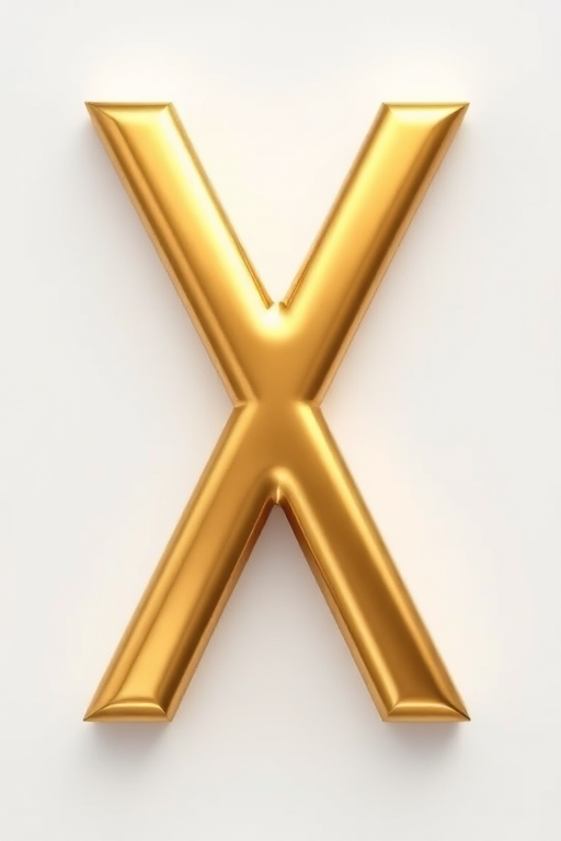 Generate a 3D rendering of a reflective gold letter X with a smooth, polished surface, using a DSLR camera at f/1.8 aperture, ISO 100, 50mm lens, top-down view, and softbox lighting for even illumination.