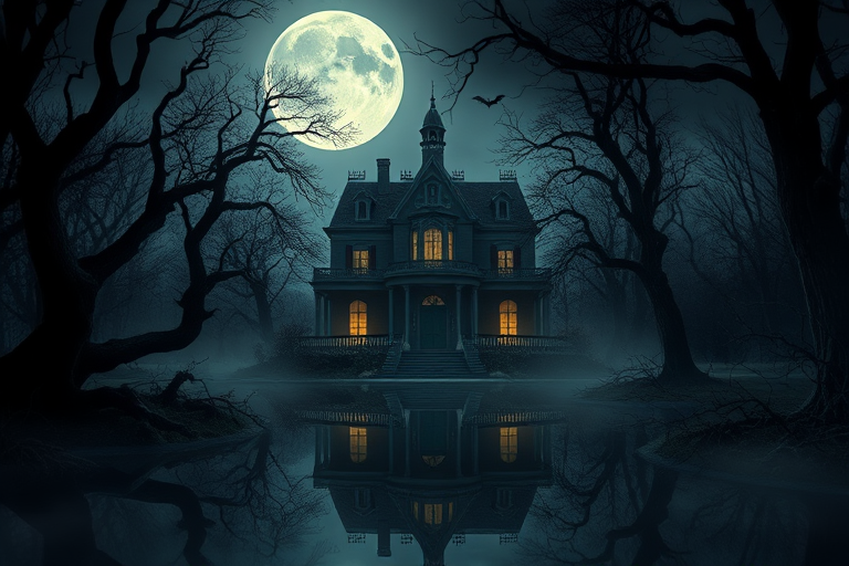 Create a hauntingly beautiful illustration of an eerie, abandoned mansion surrounded by twisted trees under a full moon, reflecting in a dark, still waterway, with a misty atmosphere and bats flying, captured using a DSLR camera, 35mm lens, f/8 aperture, ISO 200, with a low angle view and soft focus to enhance the ethereal quality.