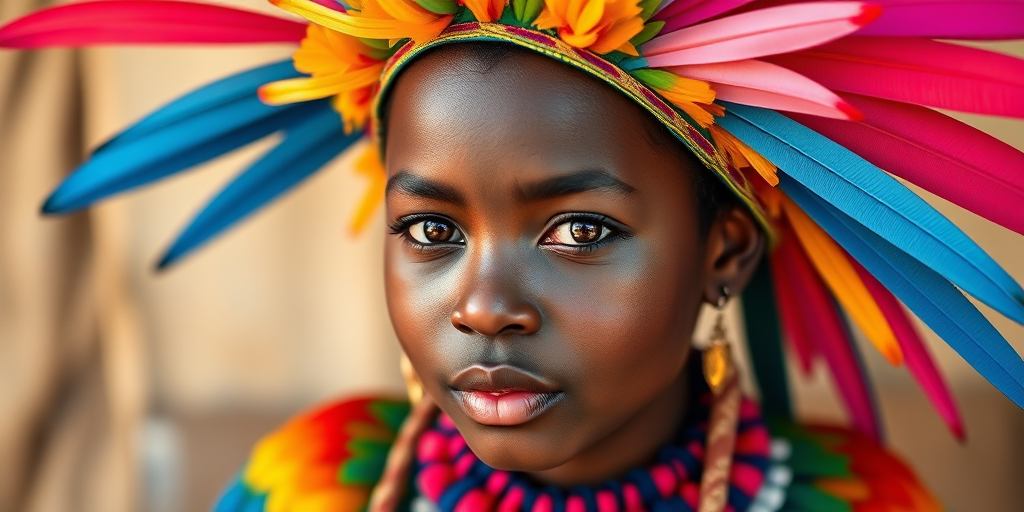 A beautiful Garifuna girl, wearing colorful bird clothing with vibrant colors