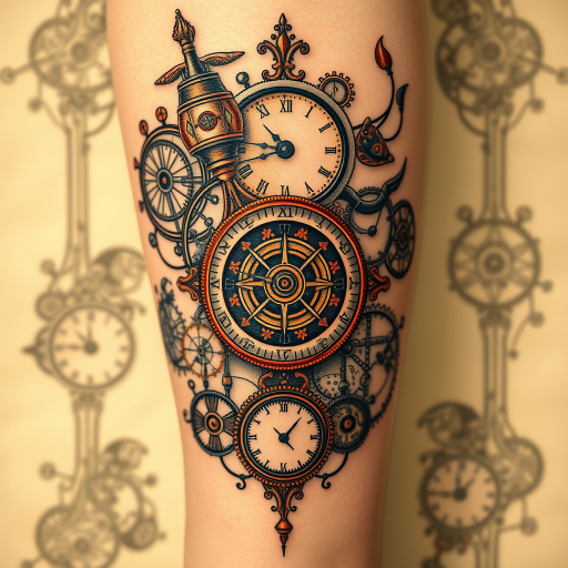 Steampunk-inspired tattoo featuring intricate clockwork mechanisms and Victorian-era elements, sepia tones with copper and brass accents, vintage industrial aesthetic with ornate details