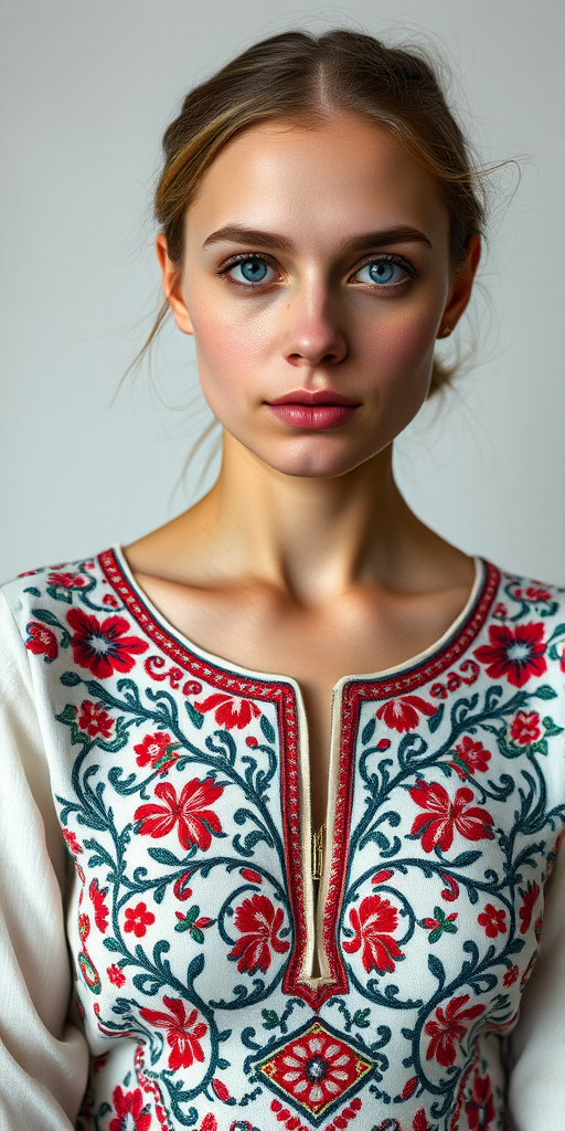 Face, shoulders, chest covered in openwork Ukrainian embroidery. Raw, unedited image.