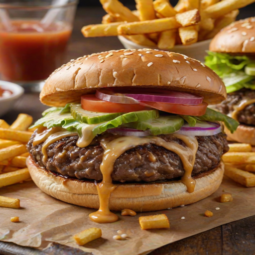 High-resolution, close-up image of a gourmet double cheeseburger. The burger features a glossy, sesame-seed-topped brioche bun. Inside, there are two thick, juicy beef patties, each topped with melted cheddar cheese. The burger is garnished with fresh lettuce, tomato slices, diced onions, and pickles. A generous amount of ketchup and a creamy, orange-colored sauce is dripping down the sides, adding to the mouth-watering appeal. In the background, there are blurred elements including a side of golden French fries and a hint of a beverage, enhancing the overall presentation of a delicious meal.