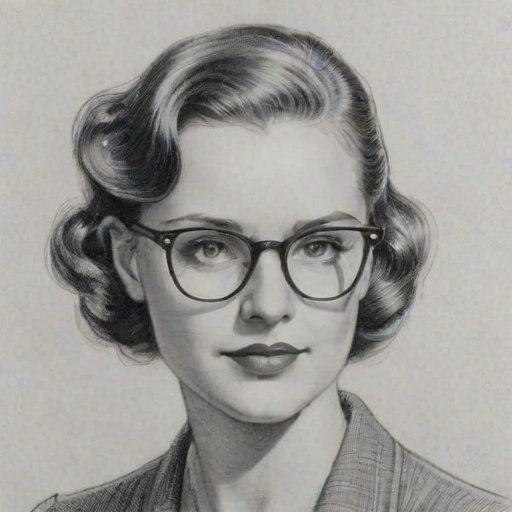 Delightful Alana Austin, pencil sketch, portrait of Delightful woman 1934s in glasses, hair style beatnik, outline, clear lines, fine lines, 8k