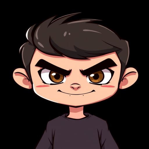 Create a high-resolution illustration of a cartoonish character with a mischievous smile, using a DSLR camera with a 50mm lens, f/1.8 aperture, ISO 100, and a shallow depth of field to emphasize the character against a solid black background, in a portrait view.