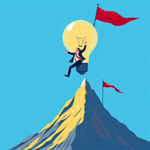 Create an illustration of a businessman suspended from a giant light bulb, flying towards a mountain with a red flag on top, vibrant blue background, use a digital illustration style, high resolution, 300 DPI, employ a wide-angle view, and simulate a clean vector art technique for clarity.