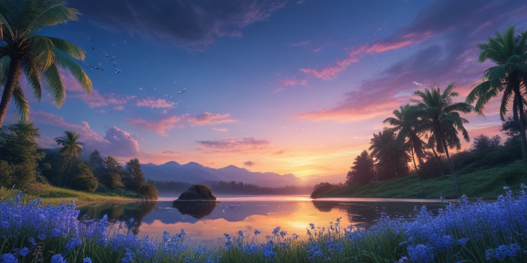 Tranquil Sunset Over a Serene Lake Surrounded by Lush Palm Trees