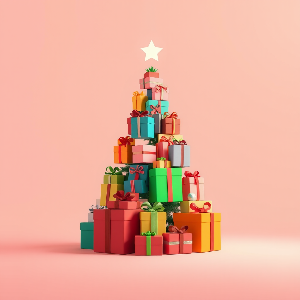 Create an illustration of a stylized Christmas tree made of various gift boxes in festive colors, using a bright pastel background, with soft lighting, and a Canon EOS R5 at f/4, ISO 100, and a 50mm lens for a clear, high-quality image.