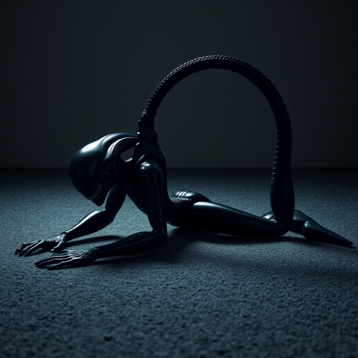 A funny Alien in a stretching position on a textured carpet, with its black, glossy body reflecting dim light. Legs spread wide, upper body bent forward, long segmented tail curving over its back, arching above its head. Face directed at the viewer, showing biomechanical features, sharp teeth, elongated skull. Muscles taut, emphasizing strength in the stretch. Minimalist environment, focusing on the creature's athletic pose. Photorealistic quality.