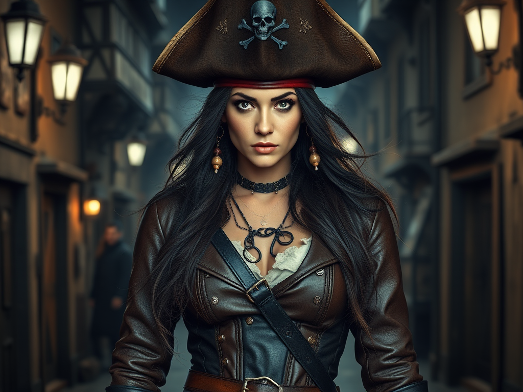 Create a portrait of a fierce female pirate. She wears a leather tricorn hat adorned with a skull and crossbones emblem, and her long, dark hair flows around her face. Her outfit consists of a richly detailed leather jacket, a corset, and multiple layers of belts and accessories, giving her a formidable and stylish appearance. She stands confidently in a dimly lit, historic port town, with a backdrop of weathered buildings and cobblestone streets, capturing the adventurous spirit of a pirate.
