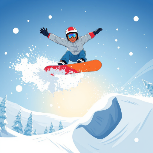Create a vibrant illustration of a snowboarder mid-air performing a trick with snow flying around, using a wide-angle lens at 24mm, aperture f/4, shutter speed 1/1000s, high dynamic range for enhanced detail, in an action-oriented cartoon style.