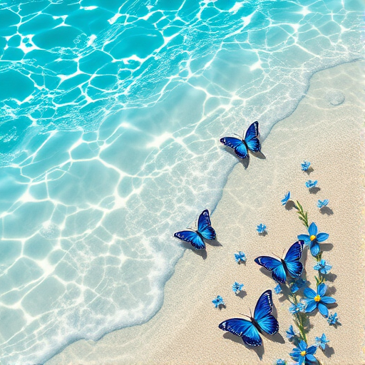 Create an image of a serene beach scene with clear turquoise water gently lapping at the shore. Scatter vibrant blue butterflies and delicate blue flowers along the water's edge, capturing a tranquil and picturesque atmosphere.