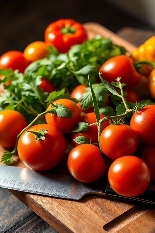 Warmly lit, close-up photo of a wooden cutting board covered in fresh vegetables, soft light illuminating the vibrant colors of tomatoes, peppers, and herbs, with a sharp chef's knife resting nearby.