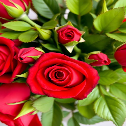 A vibrant bouquet of red roses with green leaves, shot in macro view using a DSLR camera, aperture f/2.8, shutter speed 1/100 sec, ISO 100, with natural soft lighting for enhanced texture and detail.