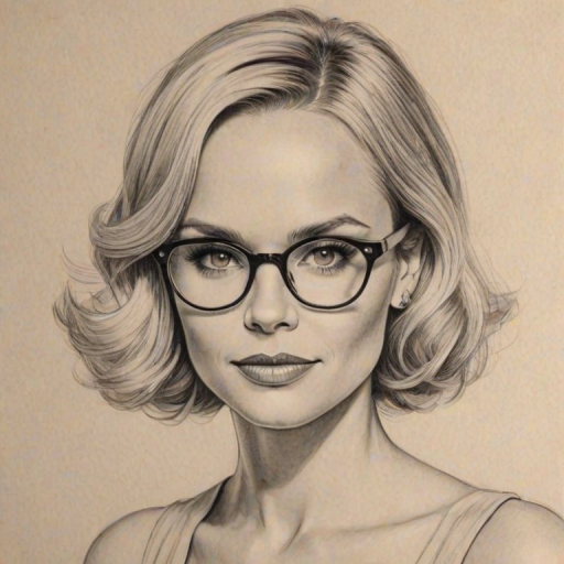 Elegant Kristen Chenoweth, pencil sketch, portrait of Magnificent woman 1932s in glasses, hair style beatnik, outline, clear lines, fine lines, 8k