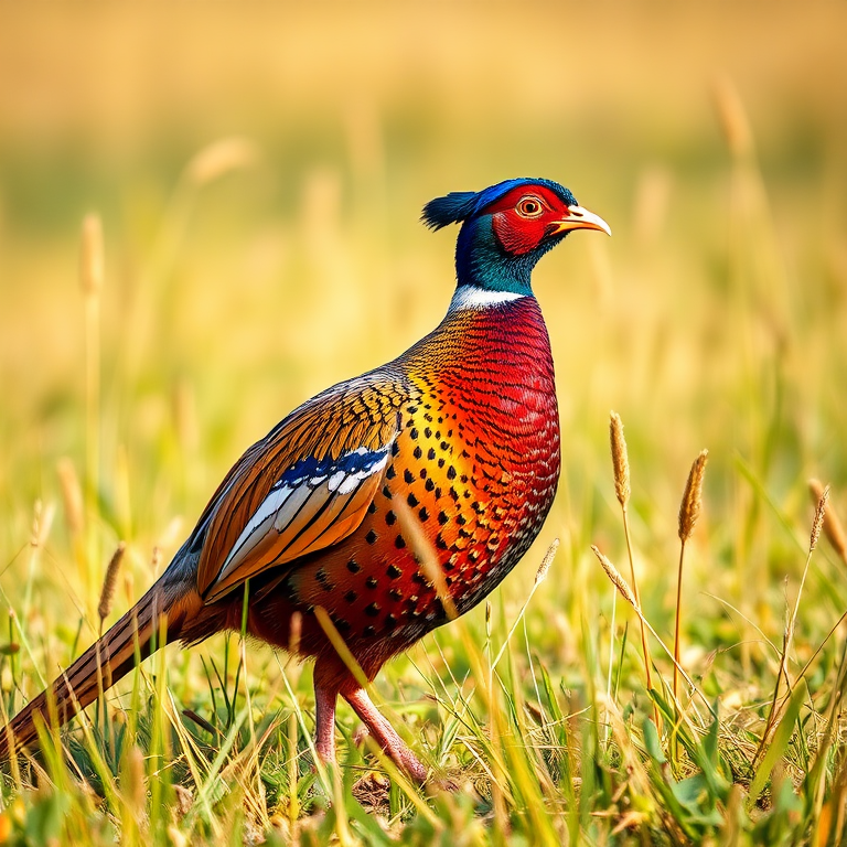 Create a highly detailed illustration of a colorful pheasant standing in a grassy field, captured using a DSLR camera with a 50mm lens, aperture set to f/1.8, ISO 100, and a shallow depth of field for enhanced focus and clarity, with soft natural lighting.