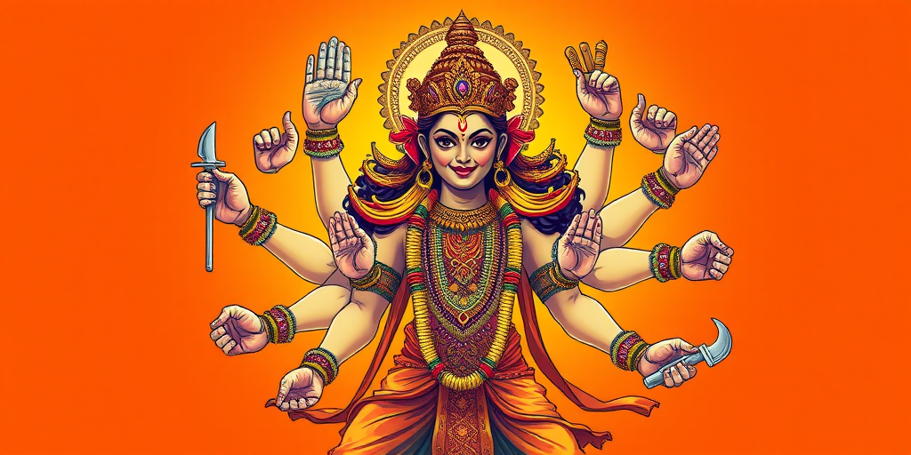 Regenerate a vibrant illustration of a multi-armed deity with an orange background, showcasing intricate details and dynamic poses, captured with a DSLR camera at f/2.8, ISO 100, 1/250s, using a wide-angle lens and a high-contrast style for enhanced colors and clarity.