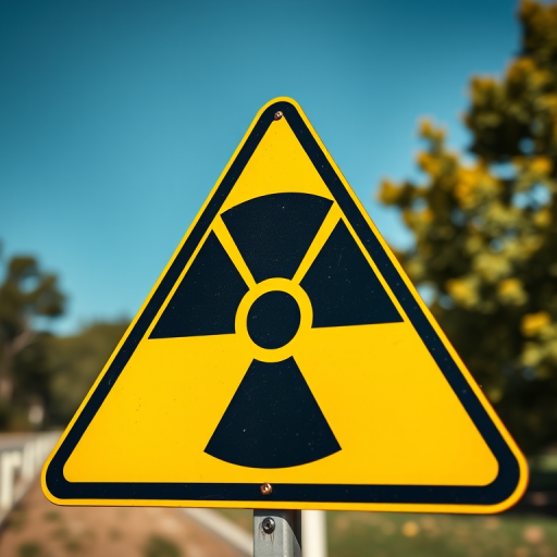 Create a high-resolution image of a radiation warning sign, triangular shape with a bright yellow background and black outline, using a Canon EOS 5D Mark IV camera at f/8 aperture, 1/125s shutter speed, 24mm lens, shot in daylight with a slight perspective tilt for a dynamic view.