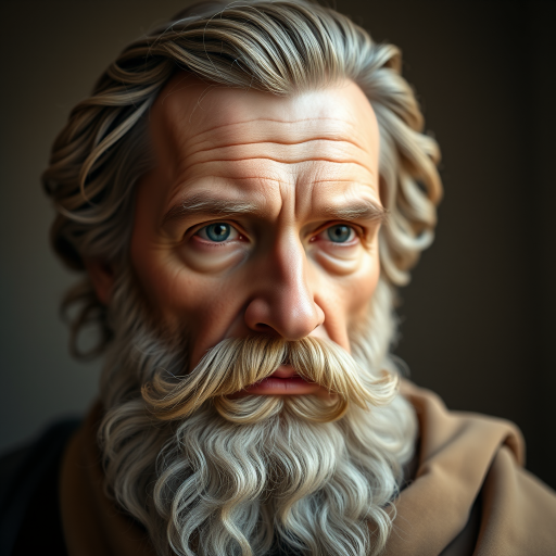 Create a hyper-realistic portrait of a classical philosopher with detailed facial features, focusing on the texture of the skin and beard, use a Canon EOS R5, 50mm lens, f/1.8 aperture, ISO 100, soft natural lighting, and a shallow depth of field to enhance the image quality.
