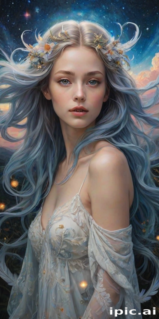 Create a series of imaginative portraits where each subject is infused with elements of fantasy and nature. The hair of the individuals should flow like clouds, varying from soft, fluffy cumulus to wispy cirrus strands, with hints of color reflecting a sunset or a clear blue sky. The eyes should be windows to entire galaxies, with stars, nebulae, and distant planets visible within them. Clothing should be adorned with nature motifs, such as floral patterns that bloom and change, vines that seem to grow and wrap around, or feathers that shimmer with iridescence. Each portrait should capture a unique personality, blending human features with the ethereal beauty of the natural and cosmic world. The backgrounds can vary, from starry night skies to enchanted forests, adding depth and context to the magical realism of the portraits