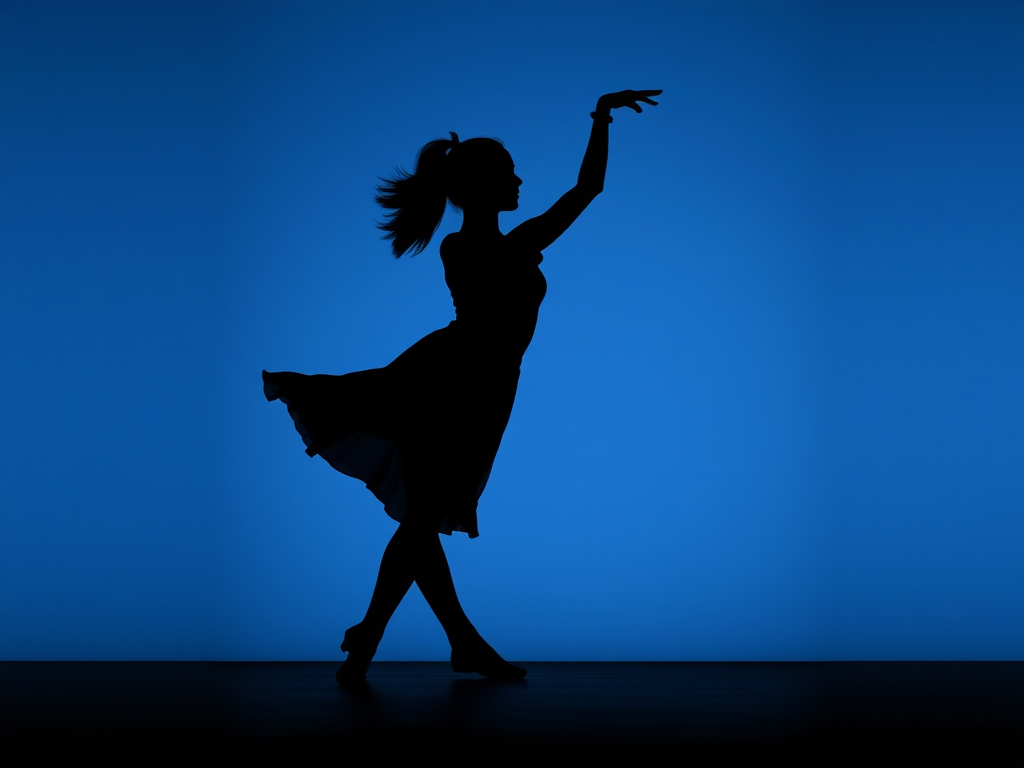 Generate an artistic silhouette of a dancer in motion, using a DSLR camera with a 50mm lens at f/1.8 aperture, 1/200 sec shutter speed, and ISO 100 for a soft focus background and enhanced subject clarity.