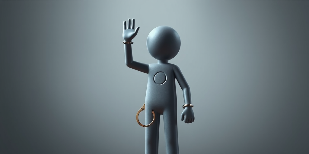 Generate an image of a stylized gray figure standing upright with one hand raised and wearing handcuffs, captured with a DSLR camera at f/2.8, ISO 100, 50mm lens, in soft natural lighting, with a shallow depth of field to enhance focus on the figure while softly blurring the background.