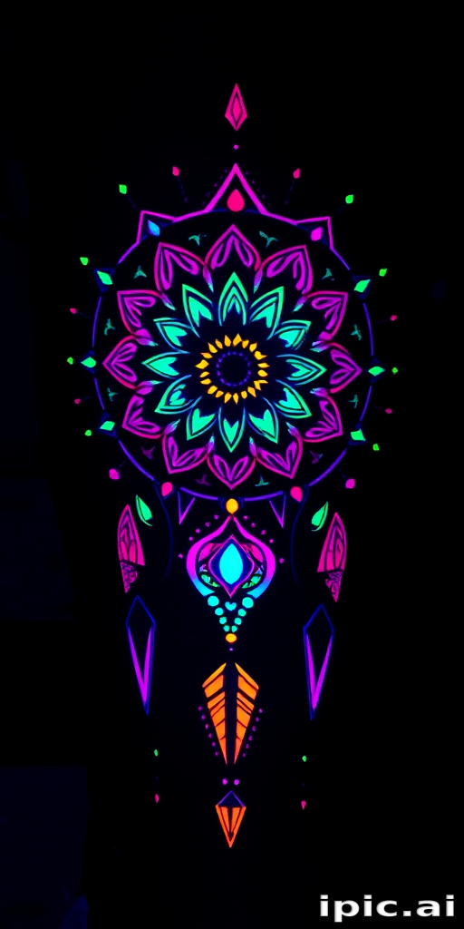Psychedelic blacklight tattoo showcasing a kaleidoscopic dreamcatcher with fluorescent ink accents, visible only under UV light for a mind-bending secret design