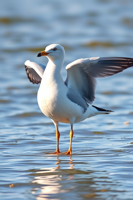 A highly detailed illustration of a seagull standing in shallow water with wings partially extended, captured in natural light with a DSLR camera, aperture f/4, ISO 100, 50mm lens, sharp focus emphasizing the bird with a soft background blur.