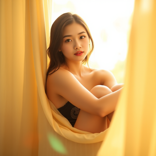 Portrait of a young woman sitting gracefully by a soft draped fabric in a sunlit room, warm yellow tones, shallow depth of field, ISO 200, f/2.8, 50mm lens, natural light, DSLR camera.