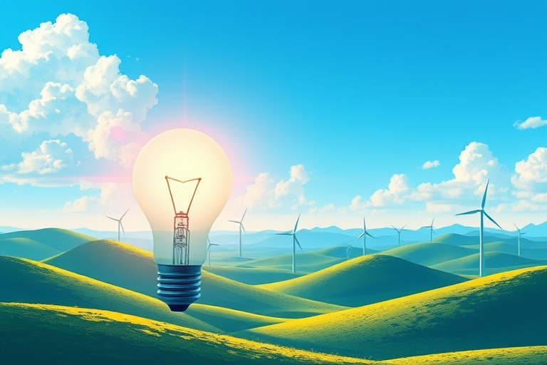 Create a vibrant illustration of a light bulb silhouette filled with a landscape of rolling green hills and wind turbines under a clear blue sky, using a digital art style, 4K resolution, wide-angle view, and soft lighting to enhance detail and color saturation.