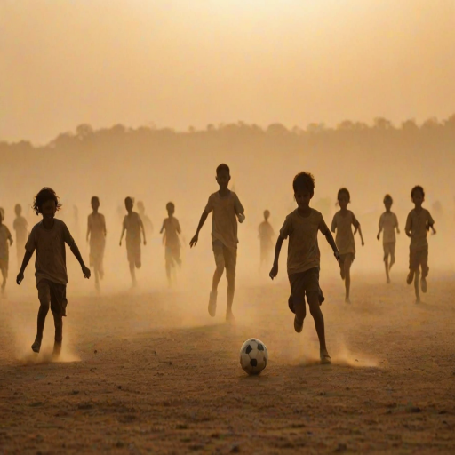 Blurry action shot of a group of children playing soccer in a dusty field at sunset, their silhouettes barely visible against the soft golden light and dust clouds rising into the air.