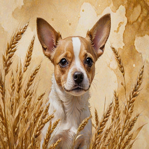Soft, muted Alcohol Ink with ebru effect background image of tiny whimsical dog, who climbed high on the top of a golden rye ear.