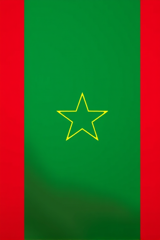 Create an image of the flag of Senegal with a green vertical stripe on the left, a yellow vertical stripe in the center with a green star, and a red vertical stripe on the right, using a DSLR camera with a 50mm lens, aperture set to f/8 for sharpness, focal length of 50mm, view from a straight-on perspective, and enhance color vibrancy to emphasize the flag's colors.