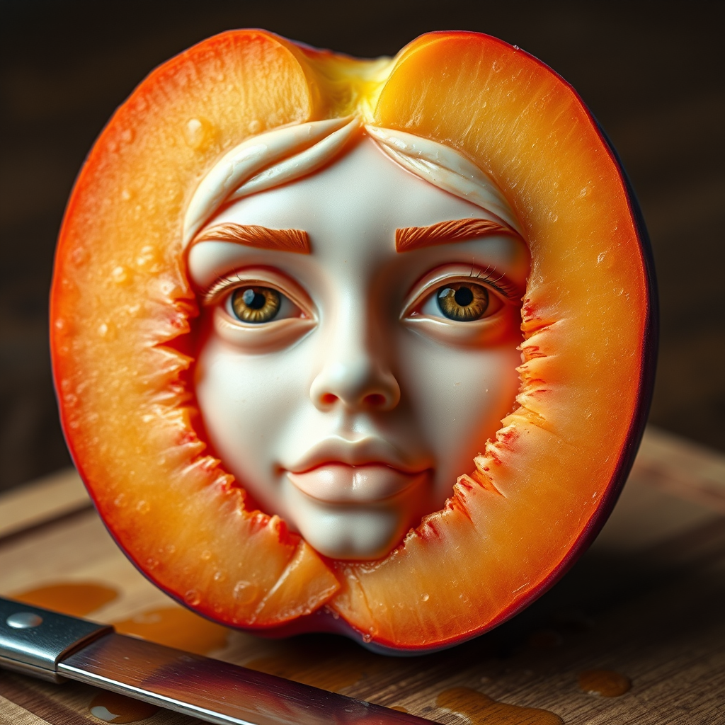 A hyperdetailed photorealistic macro color saturated high resolution image of a peach cut in half, with the peach pit being a highly detailed sculpted woman's face with her eyes open and peach-colored irises. The face has a marble texture. The image includes condensation, moisture, and peach juice. The peach is on a wooden cutting board with a small fruit knife nearby, also covered with juice.