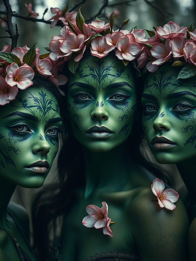 portrait of three ethereal women with intricate floral and leafy face paint, vibrant green skin, adorned with pink blossoms and surrounded by a mystical forest backdrop, soft diffused lighting, f/1.8 aperture, ISO 200, 85mm lens, shot from a low angle for dramatic effect, fine art photography style, high resolution image