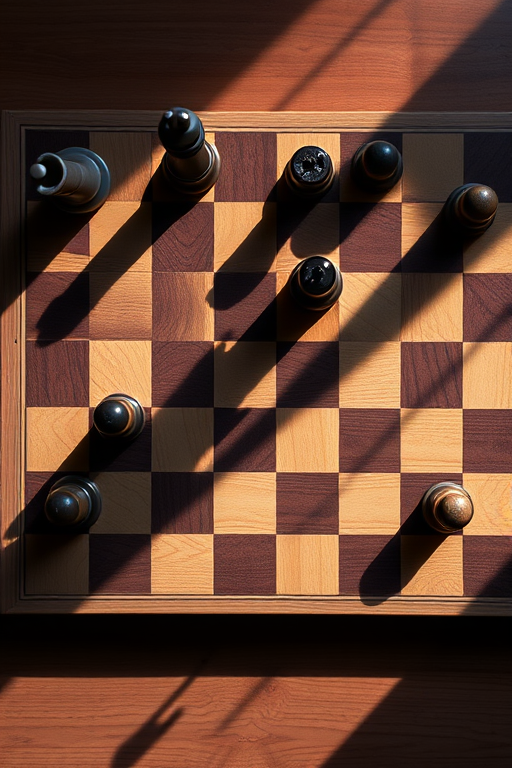 overhead view of a chessboard with shadow effects, 50mm lens, f/2.8 aperture, ISO 400, natural lighting, DSLR camera, realistic texture on wooden surface, high contrast for pieces