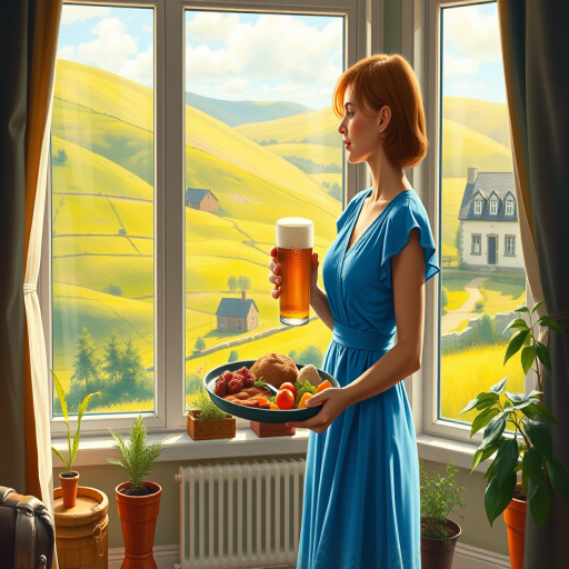 In "A Glass of Beer on the Highland," a serene scene is depicted in a sunlit room where a woman in a vibrant blue dress stands by a large window. She holds a tray with a hearty meal and a frothy glass of beer, embodying a moment of relaxation. Outside, the breathtaking highland landscape features rolling green hills and a charming traditional house, all bathed in warm afternoon light. The interior is adorned with potted plants, creating a harmonious blend of comfort and nature. The painting beautifully captures the tranquility and joy found in simple pleasures amidst stunning scenery