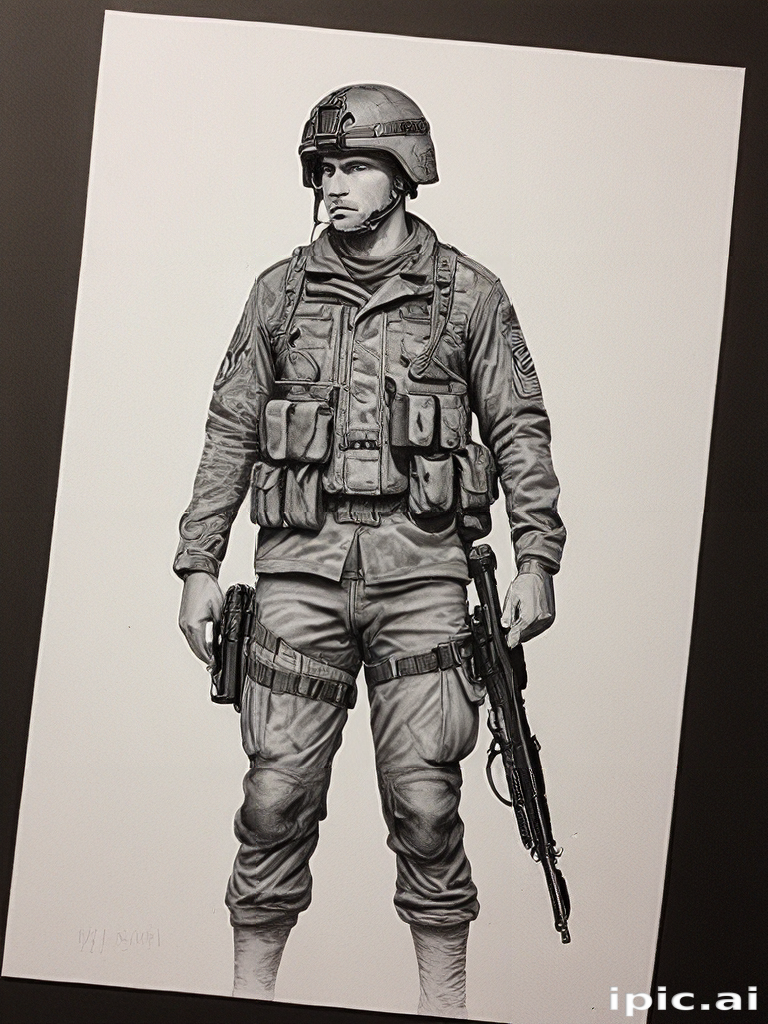 Detailed Illustration of a Soldier in Tactical Gear with Rifle Ready
