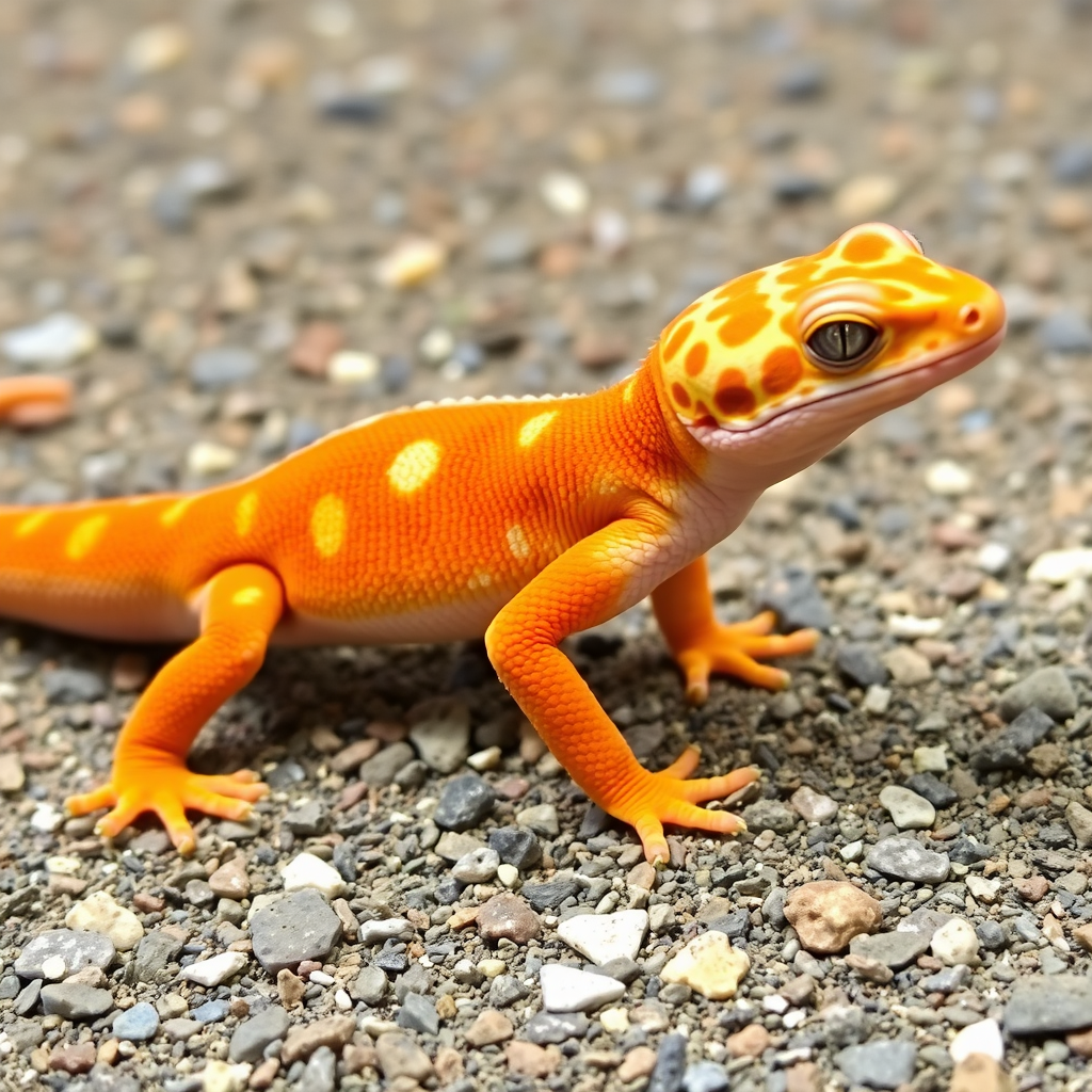 A vibrant orange gecko with unique patterns stands on a gravel surface, showcasing its smooth skin and alert posture, blending nature's beauty with detailed textures.