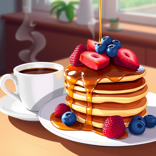 Create a vibrant and detailed illustration of a stack of pancakes topped with syrup, strawberries, and blueberries beside a steaming cup of coffee on a saucer, captured with a 50mm lens at f/2.8, low-angle view, natural light, digital illustration style.