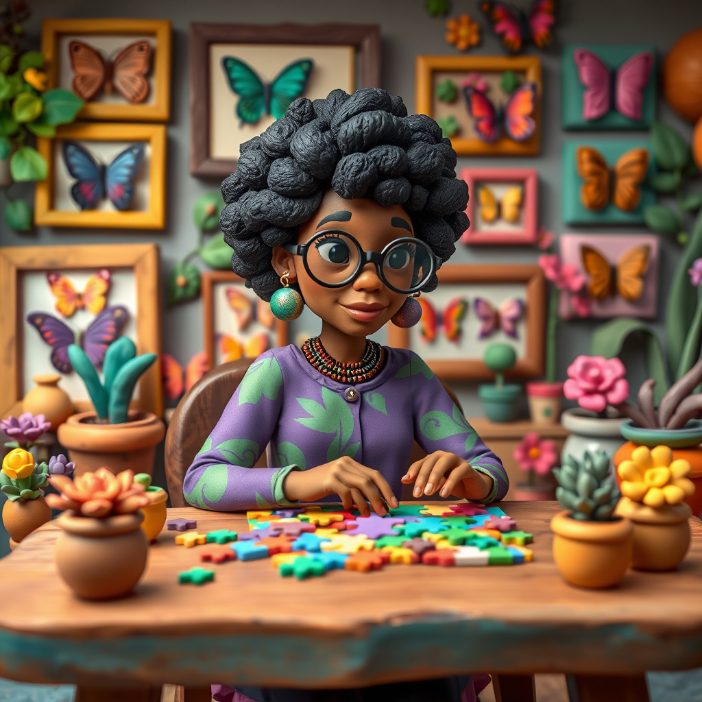 A vibrant and whimsical illustration of an african american woman sitting at a table working on a colorful jigsaw puzzle. she is wearing round glasses, and patterned clothing in shades of purple and green.  The background features an eclectic collection of framed butterflies, potted plants, and other natural elements, creating a warm and inviting atmosphere. The style is playful and modern, with rich textures, intricate details, and a lively color palette.