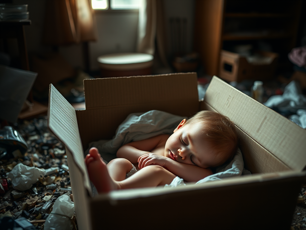 A young child sleeping in a cardboard box surrounded by litter in a dimly lit room, captured with a Canon EOS R5, 35mm lens, f/1.8 aperture, ISO 200, natural light from a window, shallow depth of field for enhanced focus on the child.