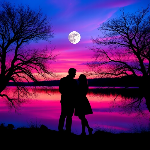 regenerate a silhouette of a couple standing by a lake at sunset with vibrant purple, pink, and blue hues in the sky, two large leafless trees framing the scene, full moon in the background, captured with a DSLR camera, 50mm lens, f/1.8 aperture, ISO 100, long exposure, soft focus effect