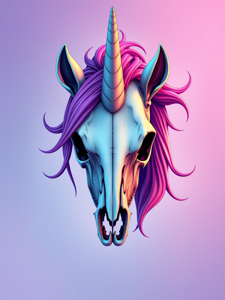 Create a high-resolution illustration of a unicorn skull with vibrant purple and pink hair flowing from its head against a soft gradient background, using a DSLR camera, 50mm lens, f/1.8 aperture, ISO 100, and shoot from eye level to enhance details and colors.